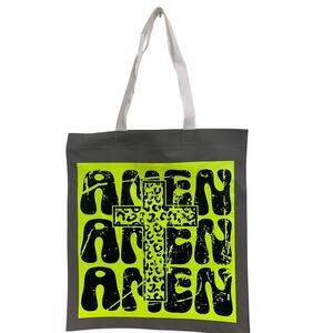 New Upcycled Hand Printed NEON Amen Amen Amen Jesus God Cross Shopper Tote Bag